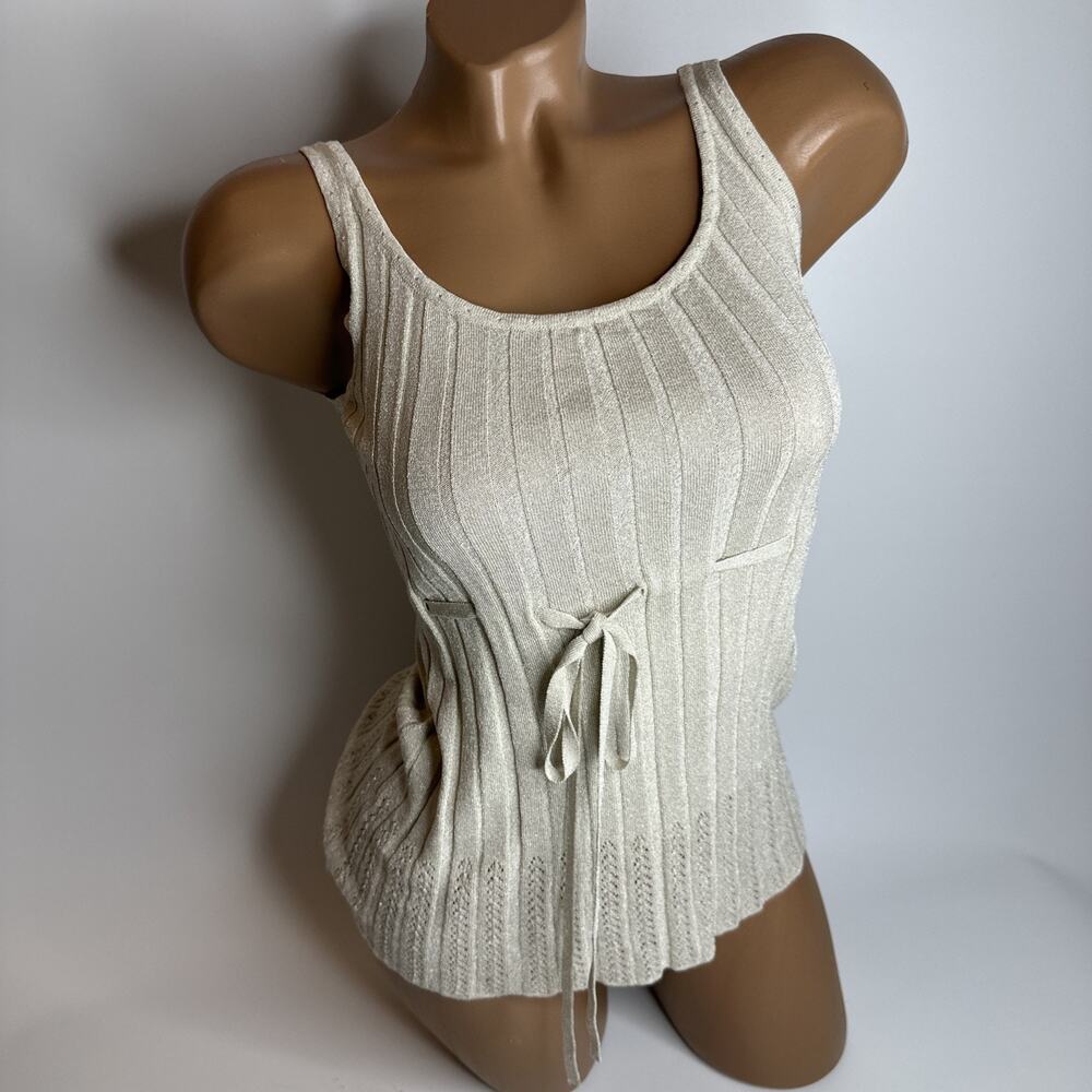 Vtg 90s EPISODE Metallic Ribbed Knit Tank Top Cream Ivory Drawstring Waist Y2K M